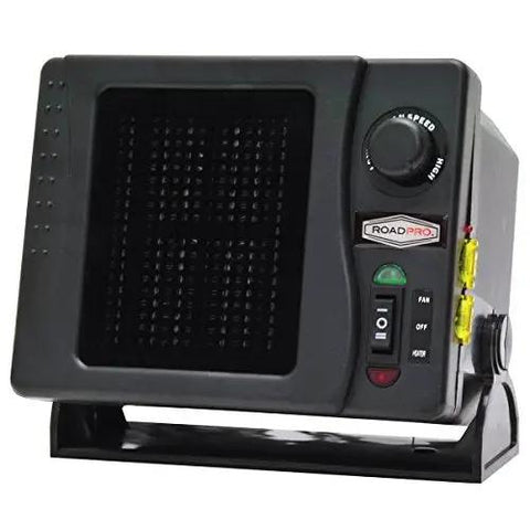 Knock Out That Winter Chill With This 12 Volt Ceramic Heater And Fan Featuring Straight Battery Hook Up 300 Watts, front view, adjustable controls.