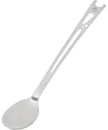 Alpine Long Camping Spoon With Jet And Cable Tool For Stoves made of stainless steel, shown at an angle highlighting its extra-long handle.