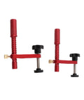 20mm Red Aluminum Bench Dog Clamp Set For Woodworking And MFT Workbench With Protective Pads All Metal Construction Knurled Rod For Strong Down Pressure showing clamps