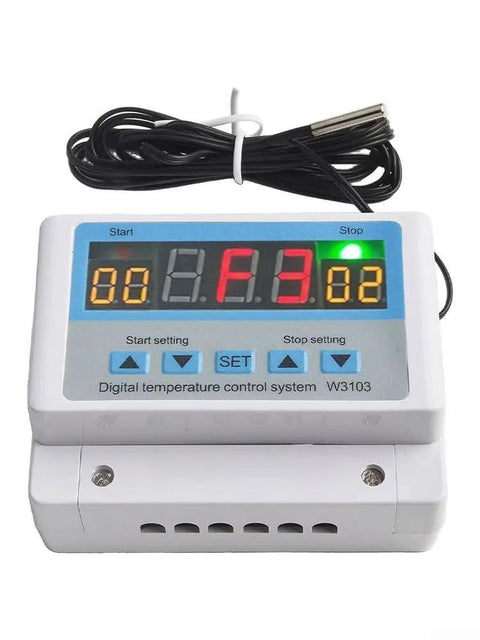 Beefed Up Digital Thermostat Temperature Controller With 30A High Power, Precise Temperature Regulation, Timer Function, Works With 220V AC Or 12V/24V DC, Adjustable Range For Heating And Cooling, Industrial DIY Ready DC24V 600W front view with probe and display