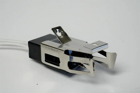Ditch The Old Rig And Grab This RR110 Stove Burner Receptacle Socket Kit. Includes L Bracket, Wire Leads, And Crimp Connectors. Perfect DIY Fix For Range Heating Terminals. Replaces Models 868464 And 53031167733. Super Easy Install, No Messy Splicing. Close-up of RR110 stove burner receptacle socket kit with metal L bracket and wire leads