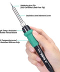 Close-up of soldering iron from 2 In 1 Rework Station For SMD Soldering And Hot Air Rework, featuring lead-free tip and silicone grip