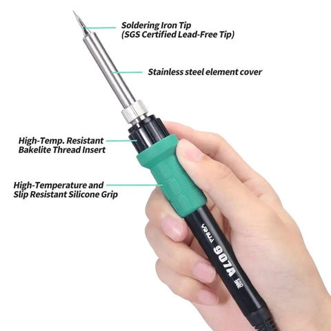 Close-up of soldering iron from 2 In 1 Rework Station For SMD Soldering And Hot Air Rework, featuring lead-free tip and silicone grip