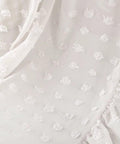 Close-up of white lace chiffon netting with pom poms, part of Tot Friendly Cozy Kids Bed Canopy With Lace Chiffon Netting And Pom Poms Dreamy Princess Fairy Tent For Nursery Crib Hanging Curtain Mosquito Net Reading Nook Decor White.