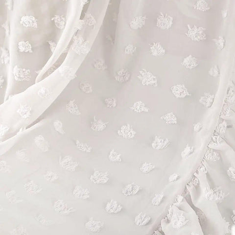 Close-up of white lace chiffon netting with pom poms, part of Tot Friendly Cozy Kids Bed Canopy With Lace Chiffon Netting And Pom Poms Dreamy Princess Fairy Tent For Nursery Crib Hanging Curtain Mosquito Net Reading Nook Decor White.