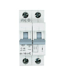 Heavy Duty 16 Amp Two Pole Miniature Circuit Breaker With 6K Breaking Capacity For Slick Home Electrical Panel Upgrades and Smooth Overload Protection Setup Featuring Tight Toggle Switch.