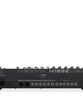 Rear view of premium 18-input USB mixer showing connections and ports with XENYX mic preamps and compressors for home recording.