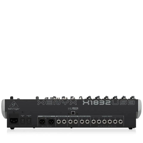Rear view of premium 18-input USB mixer showing connections and ports with XENYX mic preamps and compressors for home recording.