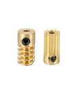 Brass worm gear set, two pieces (worm gear and mating gear), 2mm bore, 0.5 module, 10:1 reduction.