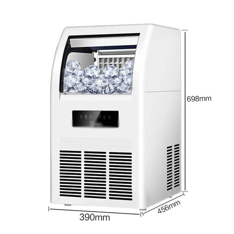 Premium Automatic Ice Cube Maker Pulling Forty Kilos Daily, showing crystal clear view port and ABS housing.