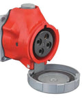 Heavy Duty Industrial Pin And Sleeve Receptacle, Switch Rated 60 Amp At 480 Vac, Three Phase Red Connector with a gray cover.