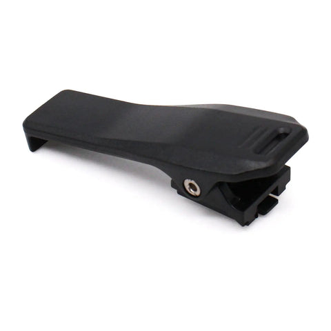 Close-up of MB-127 Belt Clip Replacement for ICOM Handheld Radios and BP Battery Packs, showing black plastic clip design