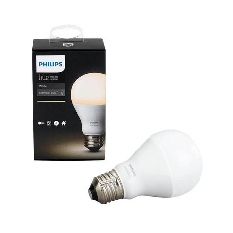 Smart White LED A19 Bulbs Starter Kit With Hub Dimmable 60W Equivalent Two Pack box and bulb on display
