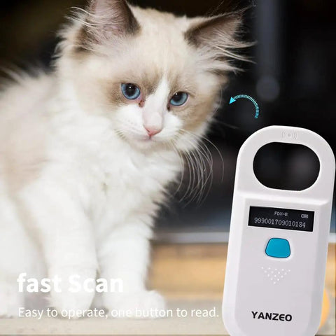 AR180 Pet Microchip Reader for Dogs and Cats scanning a cat, showing fast scan feature and easy one-button operation.