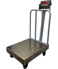Rock Solid Heavy Duty Industrial Bench Scale 500 Lb Capacity 18 X 24 Inch Platform Digital Shipping Scale with steel base and casters.