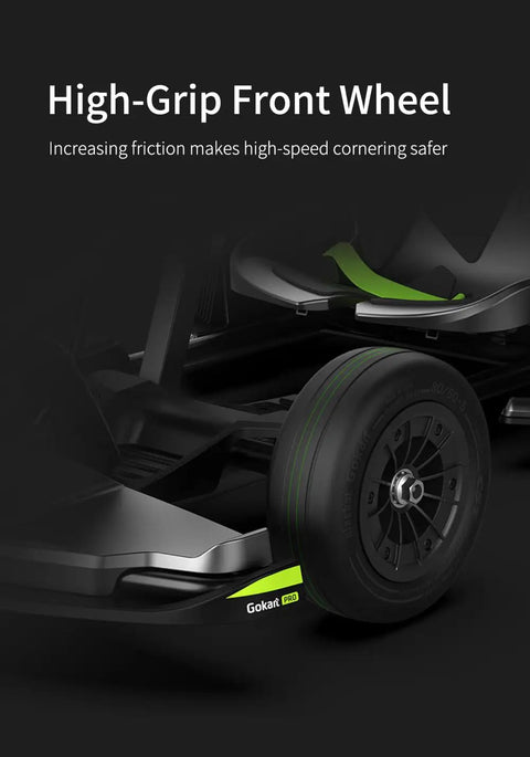 Close-up of Front Wheel Assembly For Segway Ninebot GoKart Kit Pro And Pro2 Compatible Gokart Front Wheel Replacement Set 2 Pack with Durable Rubber Treads shown installed on GoKart model.