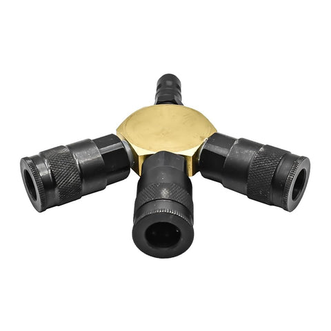 Flat Round Pneumatic Manifold Kit With Three 3/8 Inch Steel Automotive Couplers And One 3/8 Inch Steel Plug Preassembled For Fast Setup