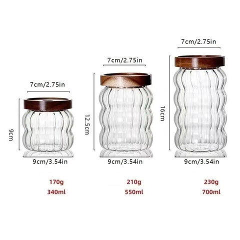 Premium Textured Glass Tea Canisters For Loose Leaf Coffee Beans And Pantry Essentials shown in three sizes, 340ml, 550ml, and 700ml.