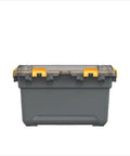 Toss Your Gear In This Heavy Duty 5.28 Gallon Waterproof Plastic Storage Tote Bin with yellow latches and gray base.