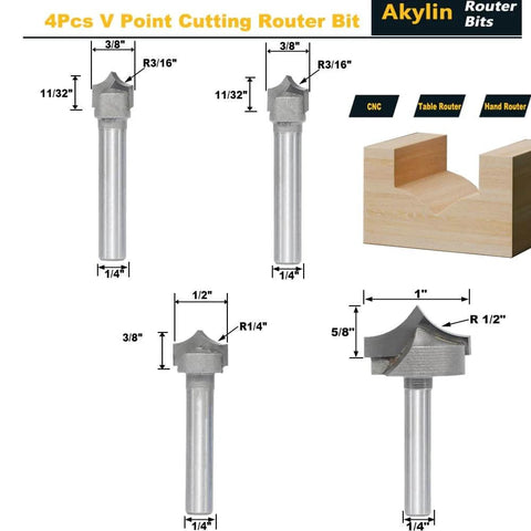 Four Piece One Quarter Inch Shank Roundover Plunge Router Bit Set With Three Eighths, Half And One Inch Cutting Diameters displayed.