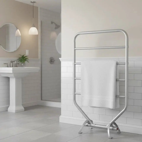 Traditional Towel Warmer Rack For Bathroom, 34 Inch Nickel Finish, Four Bar, Free Standing Or Wall Mounted, Multipurpose Dryer For Towels Garments And More, RTS Model
