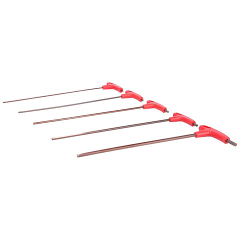 Heavy Duty T Handle Hex Wrench Set With 5 Real S2 Alloy Steel Long Handle Keys For Mechanics Auto Repair And CNC Machines To Nail Down Any Bolt Like A Champ With Maximum Torque And Zero Slippage Guaranteed For The Long Haul, five red-handled hex keys