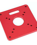 Drop In Ready 6061 Aluminum Router Table Insert Plate With Precision Center Bushing For Dead On Alignment On Woodworking Trimmers And Diy Shop Project Upgrades in red color with drilled holes.