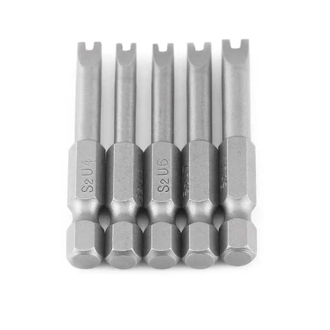 Heavy Duty 5 Piece U Shape Screwdriver Bit Set Loaded With 1/4 Inch Hex Shank Magnetized S2 Steel Spanner Bits For U4 U5 U6 U7 U8 Screws in display.