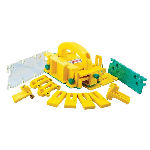 GRR-Ripper 3D Pushblock System For Safety, Precision And Control with components, yellow and green, ideal for saws and tables.