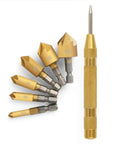 7 Piece Countersink Drill Bit Set With Quick Change Hex Shank For Wood Pro Grade High Speed Steel 5 Flute 90 Degree Center Punch One Quarter Inch To Three Quarter Inch Titanium Coated Bits For Clean Precise Countersinking displayed