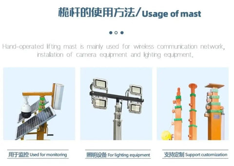 Heavy Duty Portable Hand Lift Telescopic Pole Mast With Slick Electric Hydraulic Pump And Straight Up Easy Manual Winch Backup For No Sweat Outdoor Jobs Up To Four Meters Tall used for monitoring, lighting equipment, and installation.