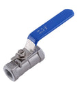 Top Shelf 1/2 Inch Stainless Steel Ball Valve Female To Female Connections shown with a blue handle for easy water shutoff.
