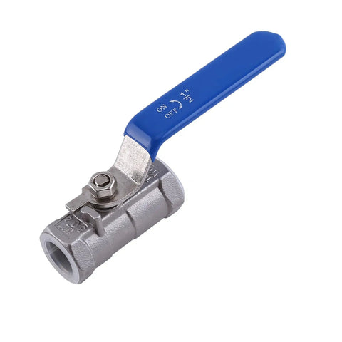 Top Shelf 1/2 Inch Stainless Steel Ball Valve Female To Female Connections shown with a blue handle for easy water shutoff.