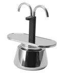 Rock Solid Stainless Steel Stovetop Espresso Maker With Dual Spout Brewing Delivers Fresh Coffee Directly Into Two Cups Simultaneously Features A Built In Warming Stand For Smooth Daily Grind And Zero Mess Counter Setup - close-up of dual spouts and warming stand.