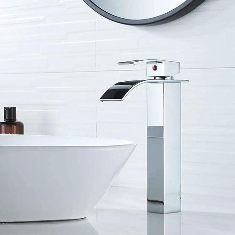 Vessel Sink Faucet Chrome Modern Tall Waterfall Style With Single Handle And One Hole Install For Vanity Bathroom RV Camper And Farmhouse Washroom
