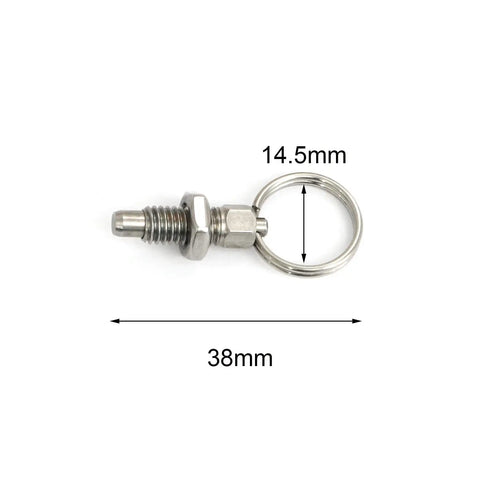 Heavy Duty Stainless Steel Spring Plunger With Pull Ring, 38mm size with 14.5mm ring for precise mechanical alignment.