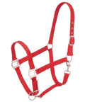 Red Nylon Horse Halter With Satin Hardware Double Ply Construction Reinforced Stitching Snap Throat For Easy On Off Adjustable Nose And Crown Buckles