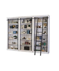 Heavy Duty 8 Ft Tall Wood Bookcase With Distressed White Oak Finish And Slick Industrial Steel Frame showcasing movable shelves and built-in ladder.