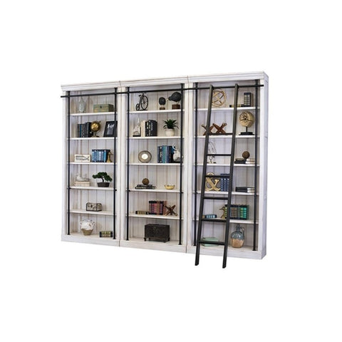 Heavy Duty 8 Ft Tall Wood Bookcase With Distressed White Oak Finish And Slick Industrial Steel Frame showcasing movable shelves and built-in ladder.