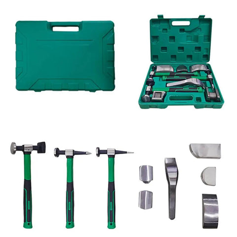 Auto Body Dent Repair Kit 9 Piece Hammer and Dolly Set For Cars, in green case, showing hammers and dollies, silver finish