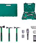 9 Piece Auto Body Hammer And Dolly Dent Repair Kit with storage case, featuring CR-V steel hammers and dollies for metal shaping.