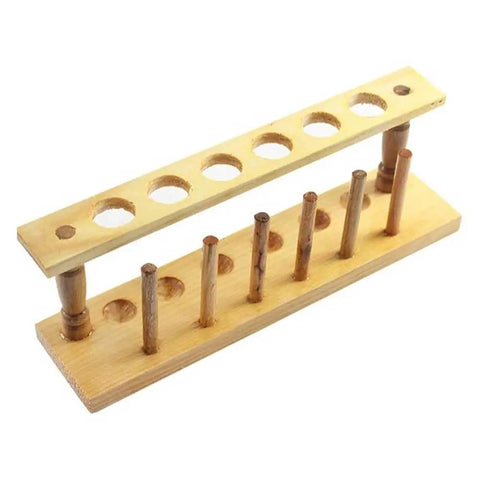Six Hole Wooden Test Tube Rack With Six Drying Pins For Home Lab, School, And Classroom Use, Durable Wood Holder, angled view