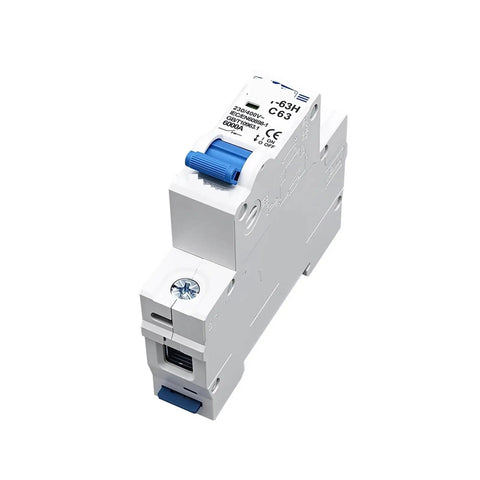 Heavy Duty Mini Circuit Breaker Providing Rock Solid Overload Protection And Instant Short Circuit Shutdown To Keep Home And Auto Electrical Panels running, white plastic with blue switch.