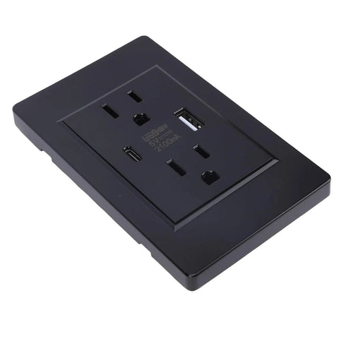 Rock Solid Usb C Wall Outlet With Dual Charging Ports And Smart Overload Protection Flame Retardant Faceplate 15 Amp Us Plug showing a black dual plug and USB outlet.