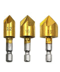 Three Piece Countersink Drill Bit Set 12 16 19 Mm With Hex Shank Pro Grade Titanium Coated High Speed Steel For Woodworking