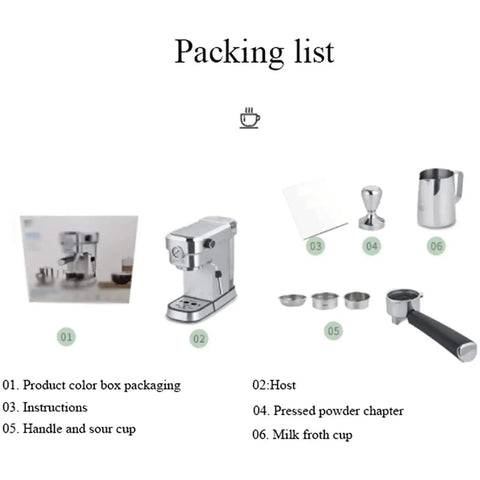 Top Shelf Semi Automatic Espresso Machine With 15 Bar Pump Pressure displayed with accessories like milk froth cup and instructions.