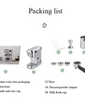 No Sweat Semi Automatic Espresso Machine 15 Bar Pump Coffee Maker Built Tough With Quick Heat Stainless Steel Body And Reliable Milk Froth For Bold Daily Brews Silver packing list showing parts including machine and accessories.