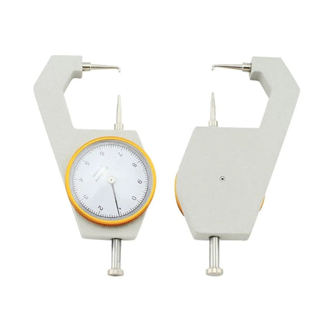 All Purpose Thickness Gauge For Flat Sheets From 0 To 10mm High Precision Hand Tool with dial display front and back view.