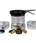 Ultralight Alcohol Stove Kit With Dual 1.0 L Aluminum Pots And Nonstick 7.25 Inch Fry Pan And Spirit Burner, compact setup shown