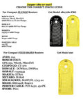 Two circle guides for routers, black for model 280/280 PRO and yellow for model 290, with details for various router compatibility.